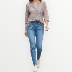 The Limited Lace Overlay Floral Half Button Up 3/4 Sleeve Blouse - Large